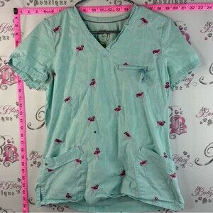 Health pro T-shirt flamingos Aqua V-neck Scrub Top with Pink Flamingo Print
